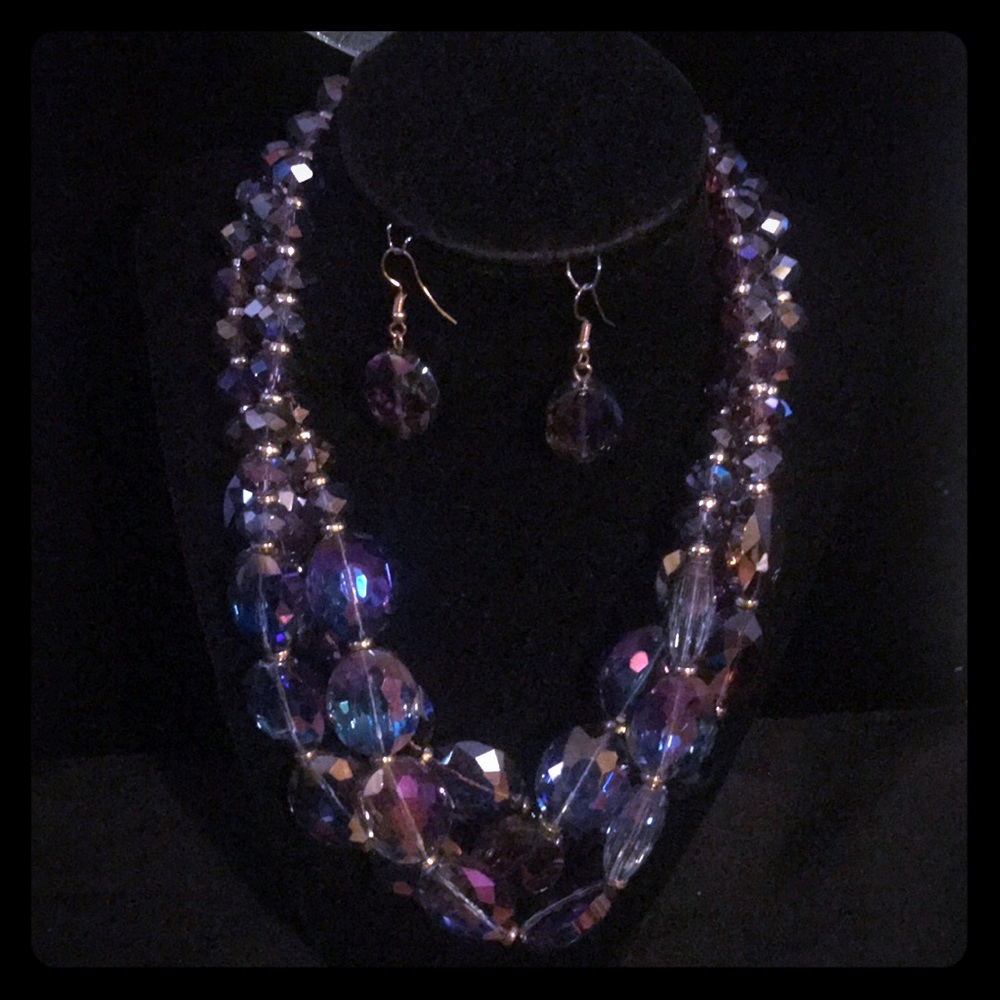 Purple Iridescent 3 layer glass bead Necklace
